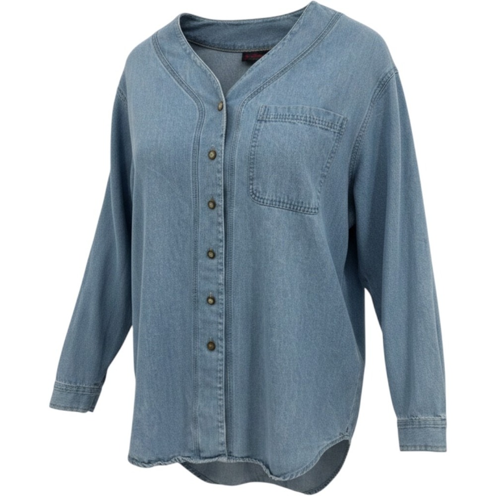 Giorgio Sant'Angelo Denim Shirt Women Blue Light Wash Collarless Scoop Neck Top